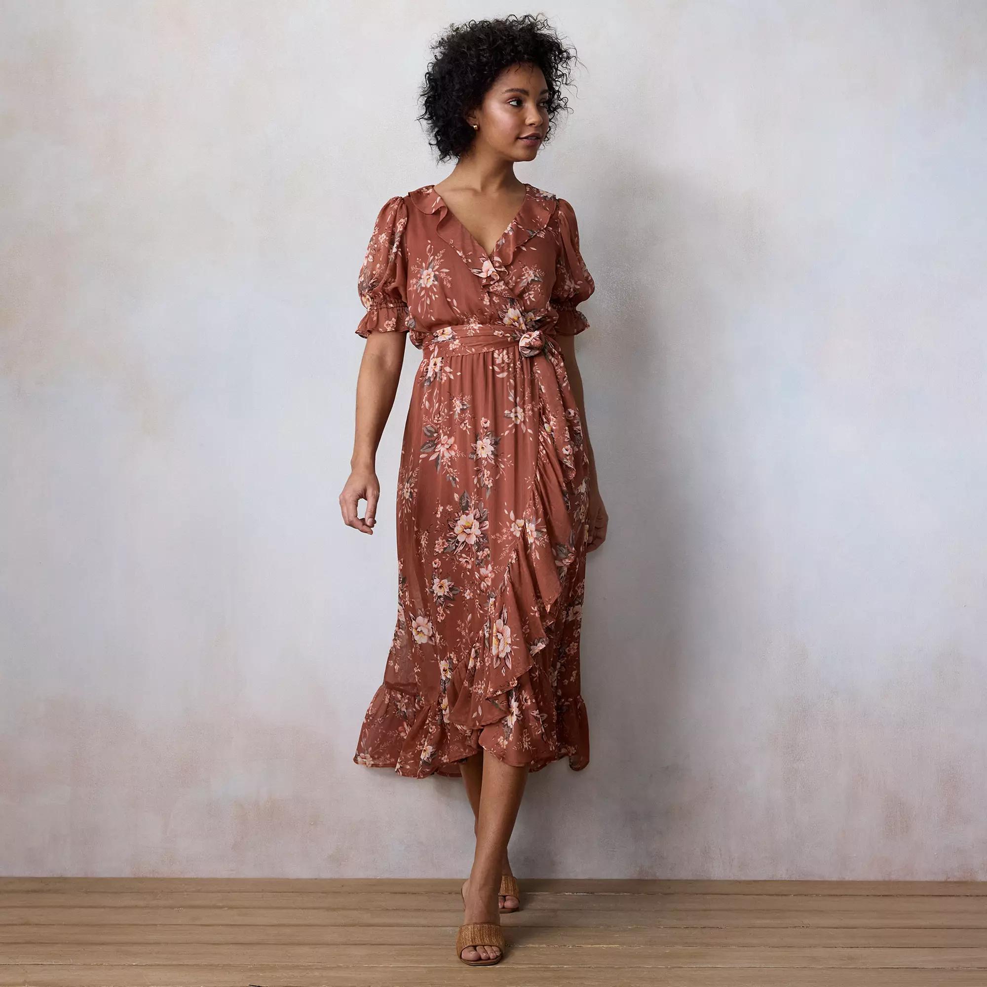 Petite LC Lauren Conrad Ruffled Puff Sleeve Maxi Wrap Dress, Women's, Size: Medium Petite, Red Genevieve Garden Product Image