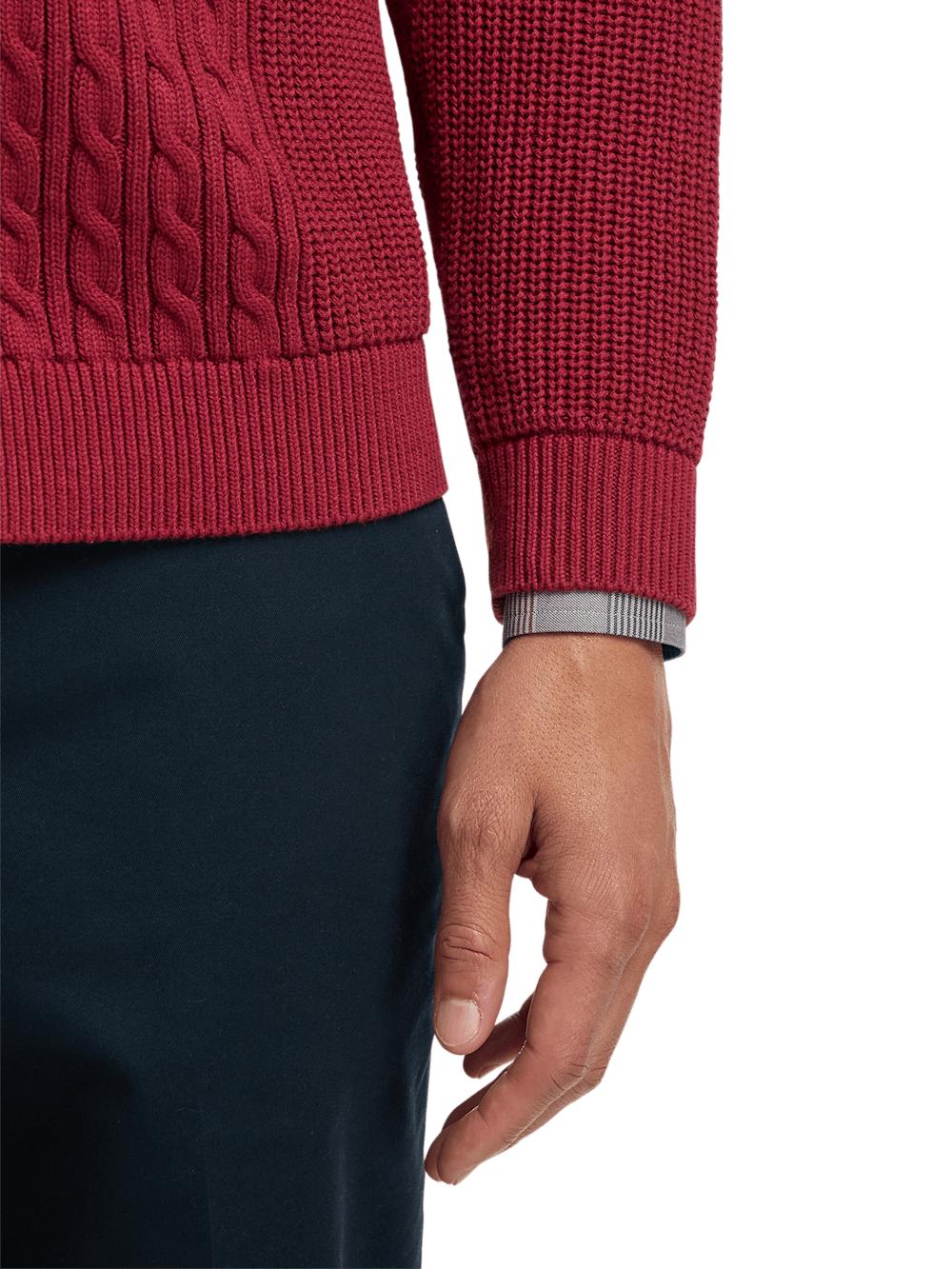 Cotton Cable Button Front Shawl Collar Cardigan - Burgundy Product Image
