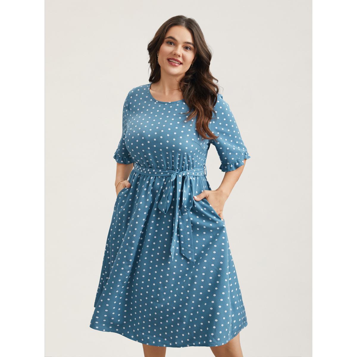 Plus Size Polka Dot Print Belted Stretchy Midi Dress Cerulean Women Elegant Belted Round Neck Half Sleeve Curvy BloomChic 28/5X Product Image
