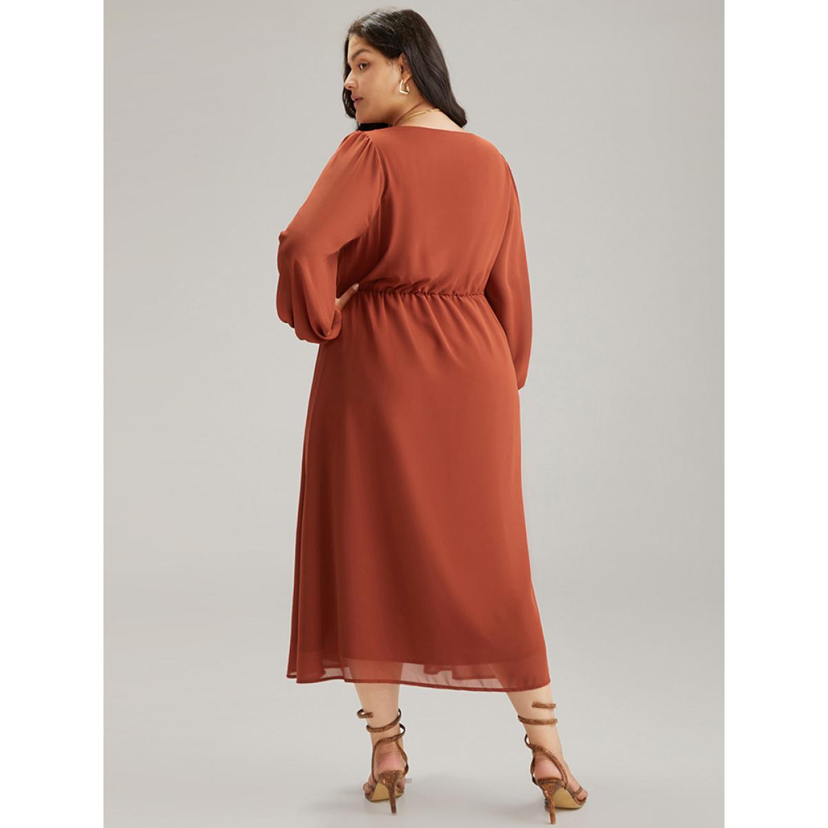 Plus Size Chiffon Plain Split Hem Button Detail Dress Rust Women Elegant Elastic cuffs V-neck Long Sleeve Curvy Midi Dress BloomChic 30/6X Product Image