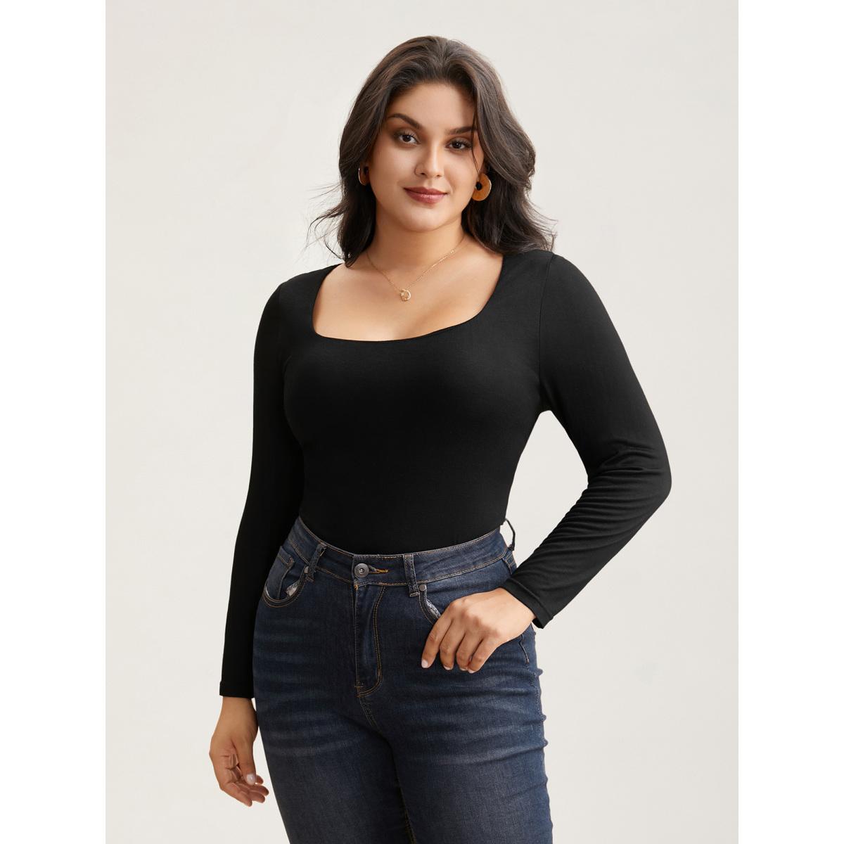 Plus Size Supersoft Essentials Solid U Neck T-shirt Black Women Elegant Non U-neck Skinny Everyday T-shirts BloomChic 12/L Product Image
