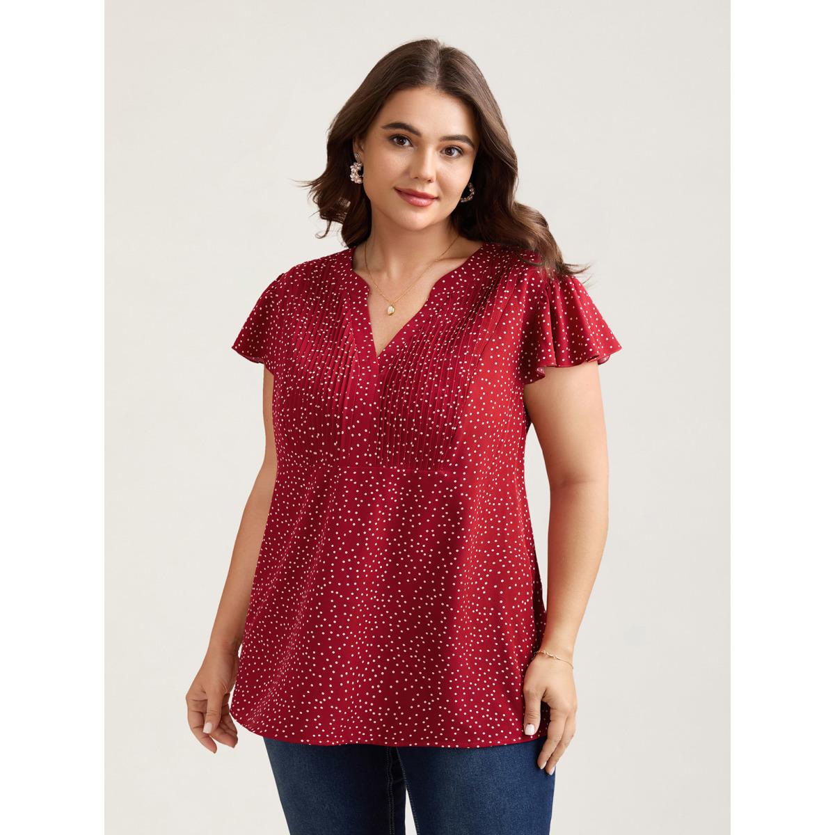 Plus Size Raspberry Polka Dot Print Toothpick Pleat Blouse Women Timeless Short sleeve Notched collar Elegant Blouses BloomChic 14-16/1X Product Image