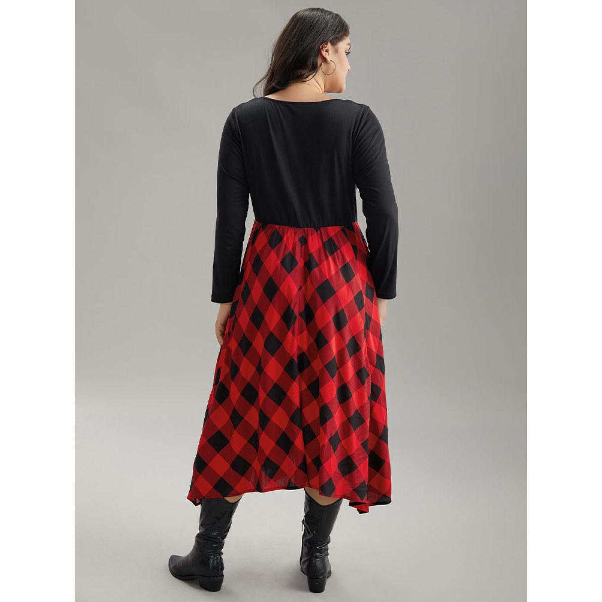 Plus Size Plaid Ruched Drawstring Asymmetrical Hem Dress Black Women Casual Printed Tie Neck Long Sleeve Curvy Midi Dress BloomChic 18-20/2X Product Image
