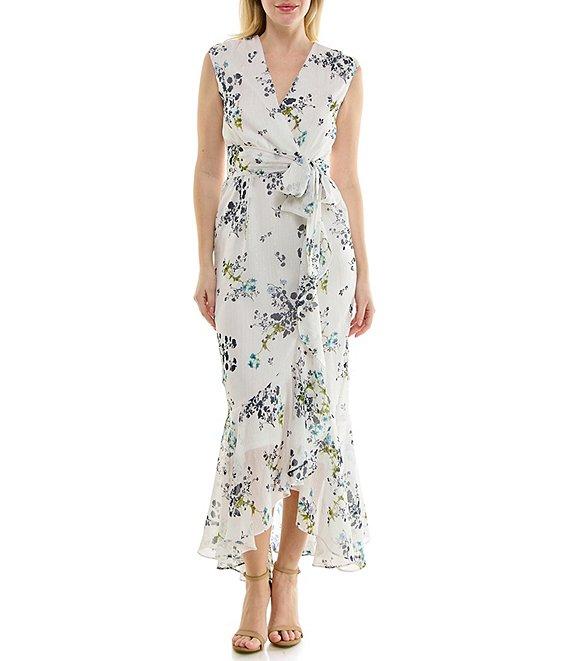 Moda Tara Sleeveless Floral Chiffon Ruffled Faux Wrap Maxi Dress Product Image