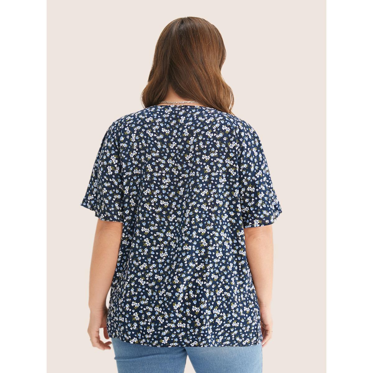 Plus Size Indigo Ditsy Floral Ruffle Sleeve Tie Neck Blouse Women Elegant Short sleeve V-neck Everyday Blouses BloomChic 18-20/2X Product Image