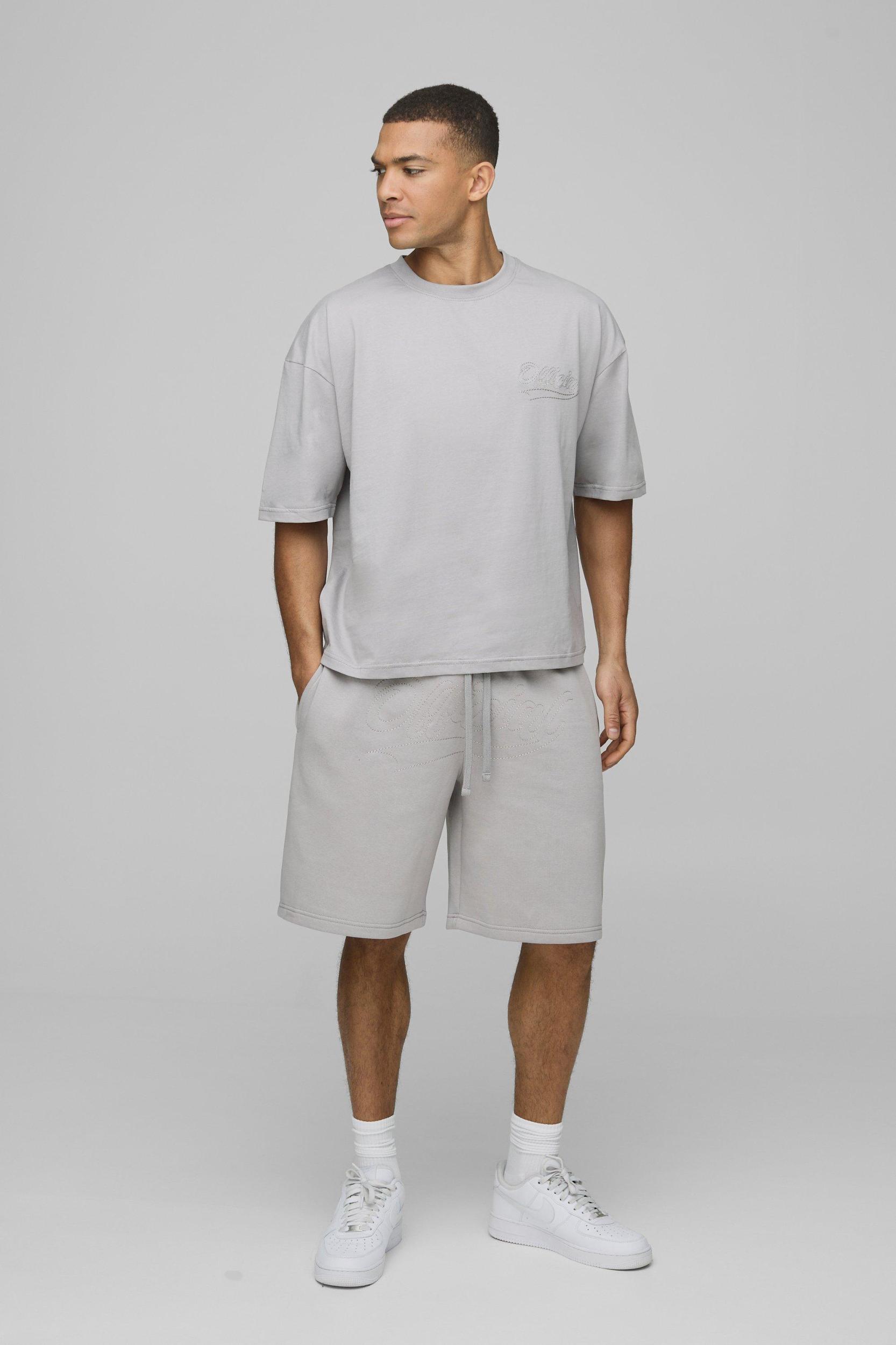 Oversized Boxy Official Contrast Stitch T-shirt and Short Set | boohooMAN USA Product Image