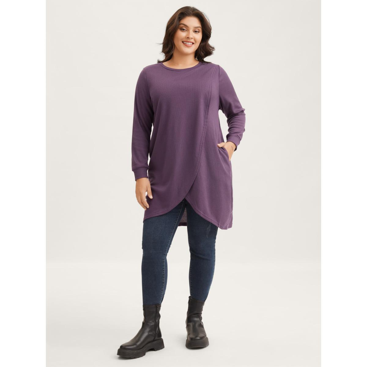 Plus Size Solid Waffle Knit Overlap Hem T-shirt Eggplant Women Leisure Overlapping Round Neck Casual T-shirts BloomChic 22-24/3X Product Image