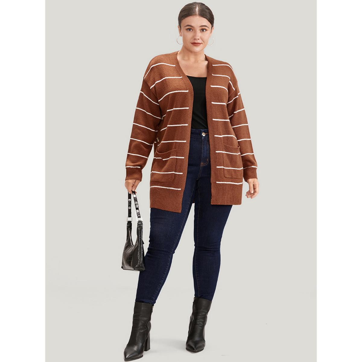 Plus Size Striped Pointelle Knit Button Side Pocket Open Front Cardigan Rust Women Casual Loose Long Sleeve Office Cardigans BloomChic 18-20/2X Product Image