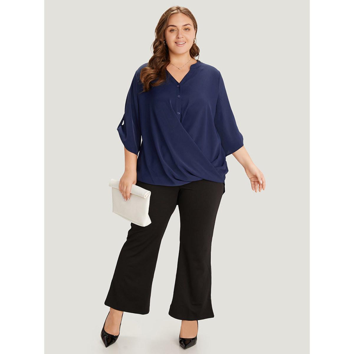Plus Size Indigo Solid Button Up Notched Crossover Hem Blouse Women Office Elbow-length sleeve Notched collar Work Blouses BloomChic 14-16/1X Product Image