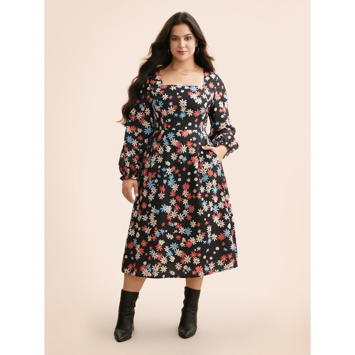 Plus Size Floral Square Neck Lantern Sleeve Dress BlackFlower Women Elegant Ruffles Square Neck Long Sleeve Curvy BloomChic 26/4X Product Image