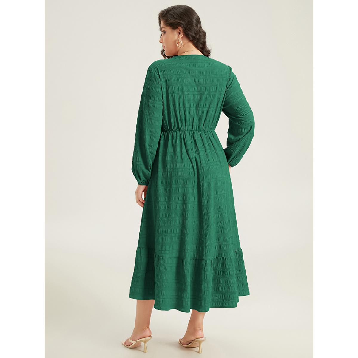 Plus Size Solid Shirred Plisse Flutter Hem Dress DarkGreen Women Elegant Elastic cuffs V-neck Long Sleeve Curvy Midi Dress BloomChic 26/4X Product Image