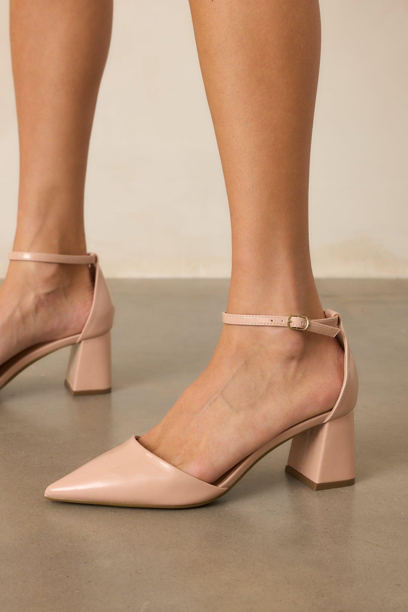 The Perfect Occasion Beige Pointed Toe Ankle Strap Block Heels Product Image