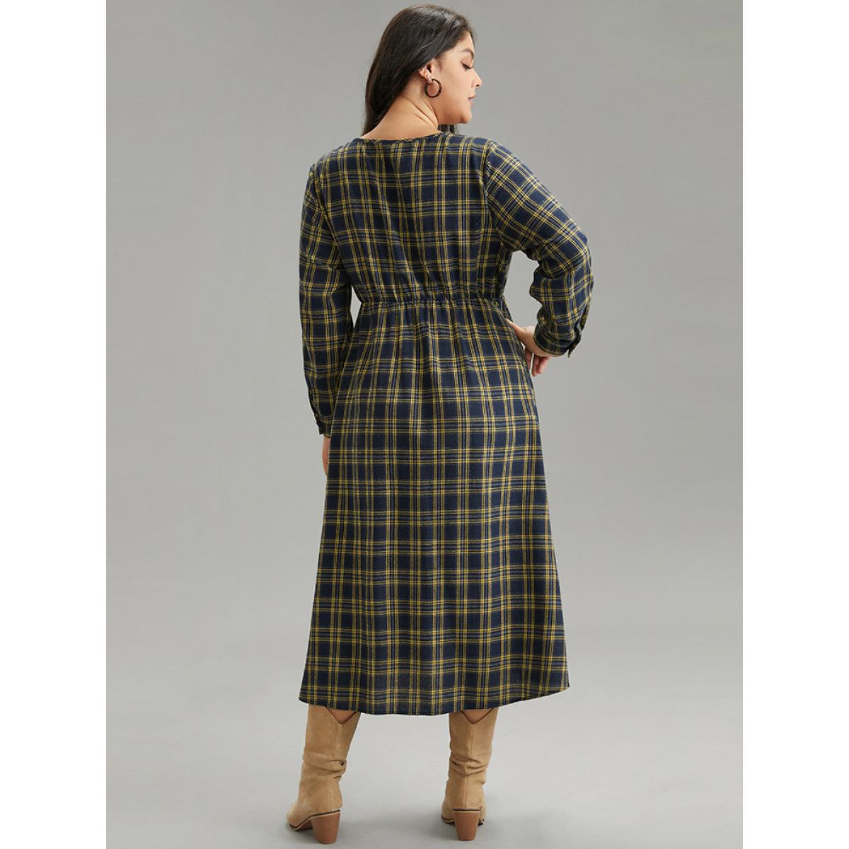 Plus Size Plaid Elastic Waist Lace Up Ties Dress Indigo Women Casual Cross straps Tie Neck Long Sleeve Curvy Midi Dress BloomChic 26/4X Product Image