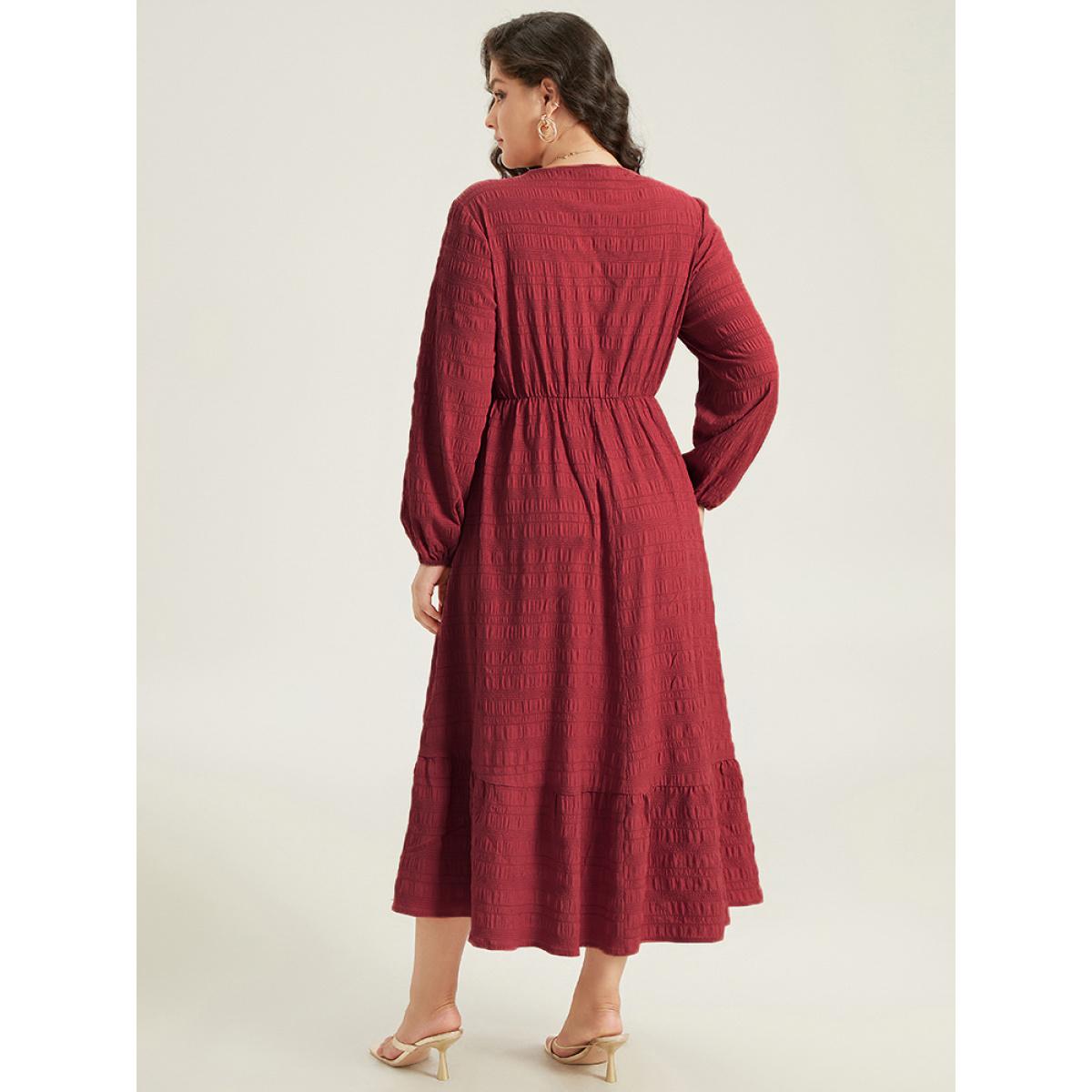 Plus Size Solid Shirred Plisse Flutter Hem Dress Scarlet Women Elegant Elastic cuffs V-neck Long Sleeve Curvy Midi Dress BloomChic 14-16/1X Product Image