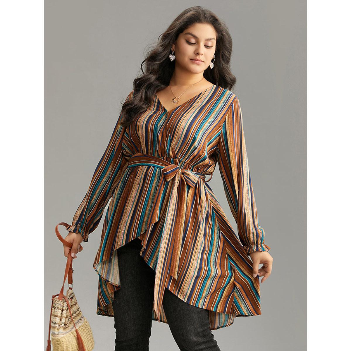 Plus Size Multicolor Striped Overlap Collar Arc Hem Belted Blouse Women Vacation Long Sleeve Overlap Collar Vacation Blouses BloomChic 30/6X Product Image