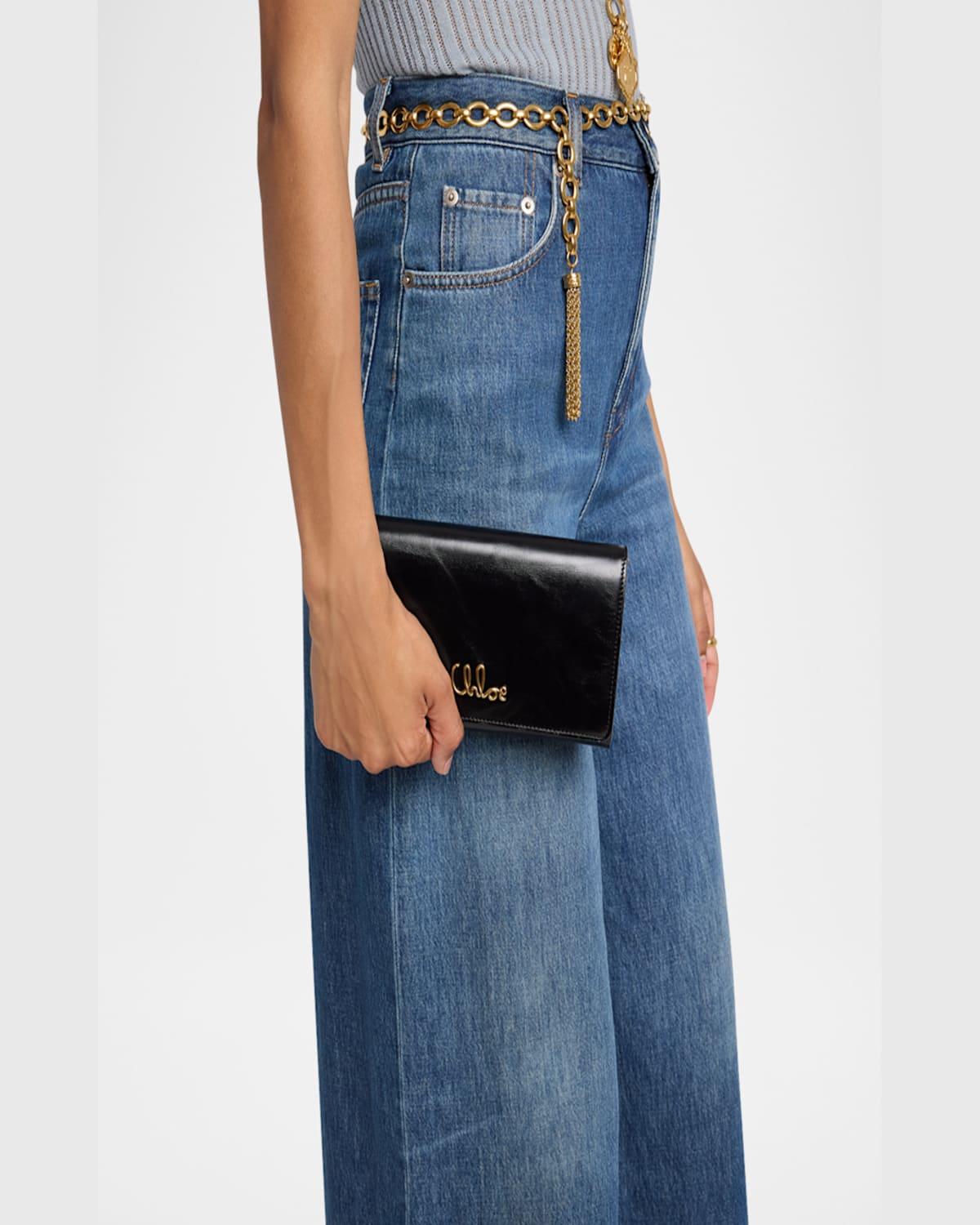 CHLOÉ Iconic Flap Wallet On Chain In Shiny Calfskin In Black Product Image