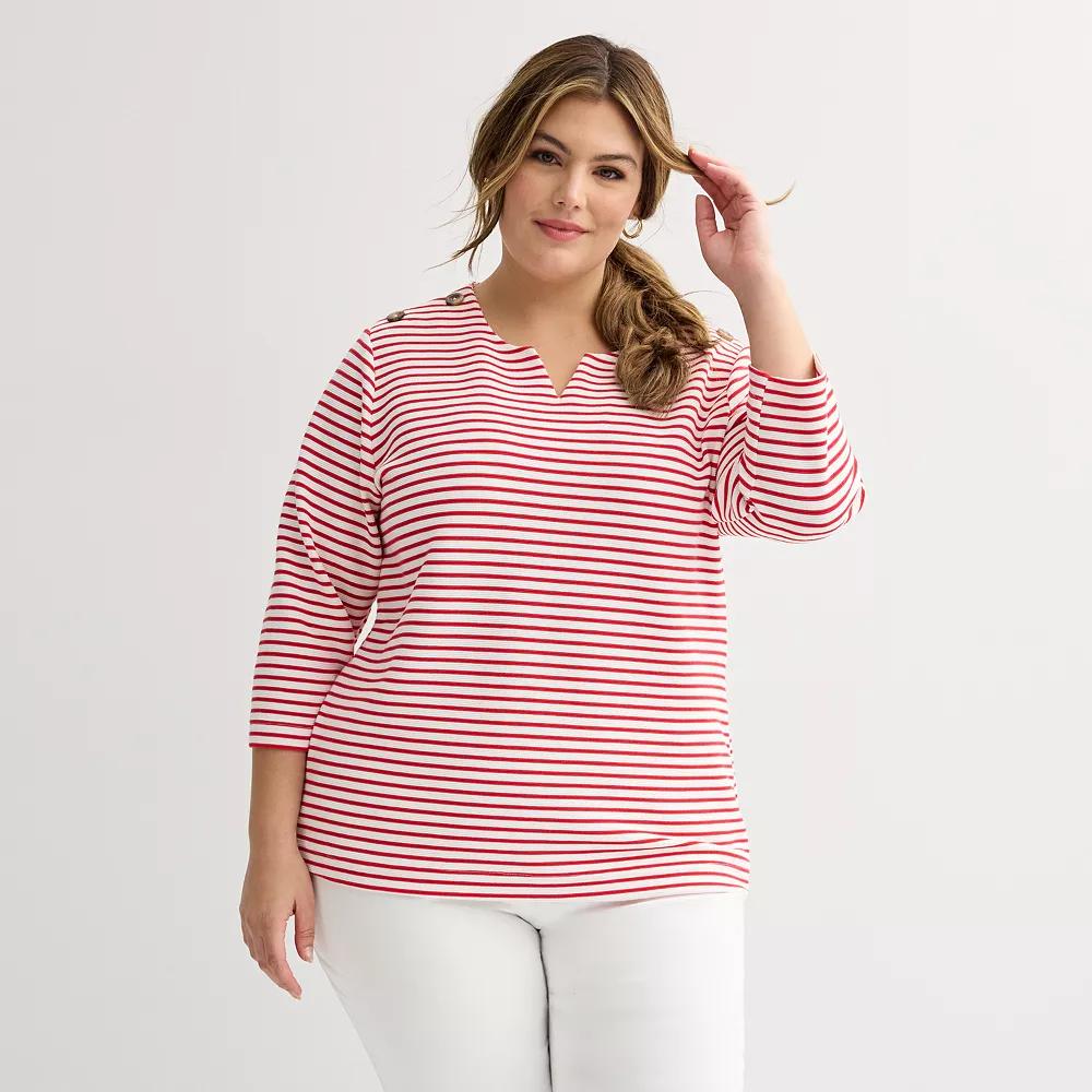 Plus Size Croft & Barrow® Button Shoulder Split Neck Top, Women's, Size: 0X, Red Stripe Product Image