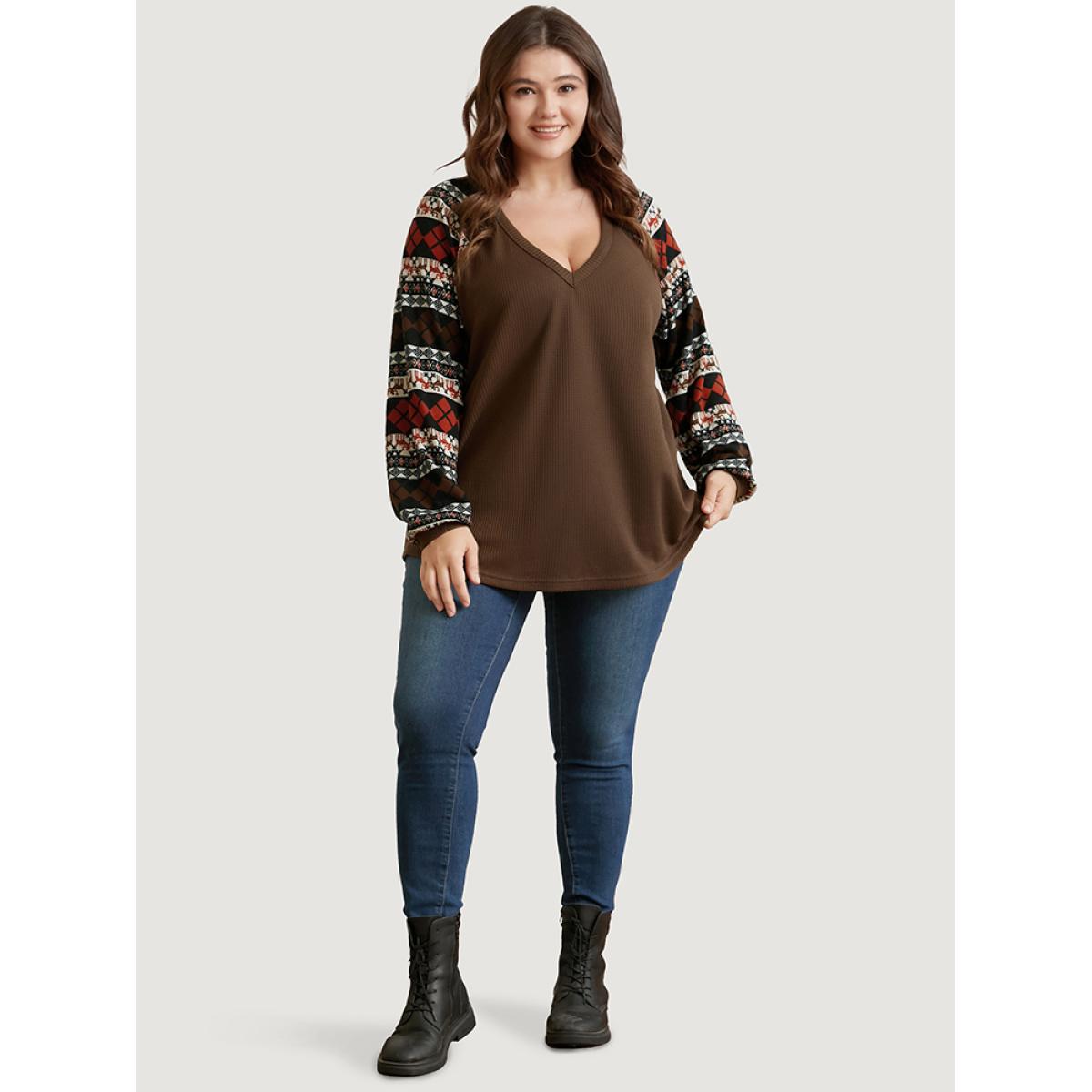 Plus Size Elk Geometric Patchwork Waffle Knit Sweatshirt Women DarkBrown Elegant Contrast V-neck Dailywear Sweatshirts BloomChic 14-16/1X Product Image