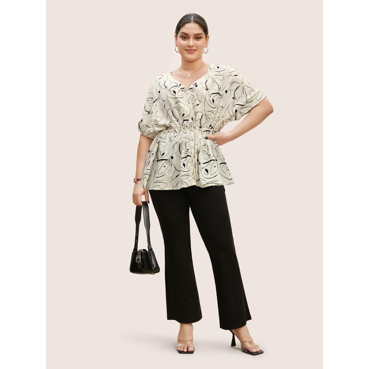 Plus Size Ivory Geometric Print Drawstring Cuffed Sleeve Blouse Women Work From Home Short sleeve V-neck Work Blouses BloomChic 12/L Product Image