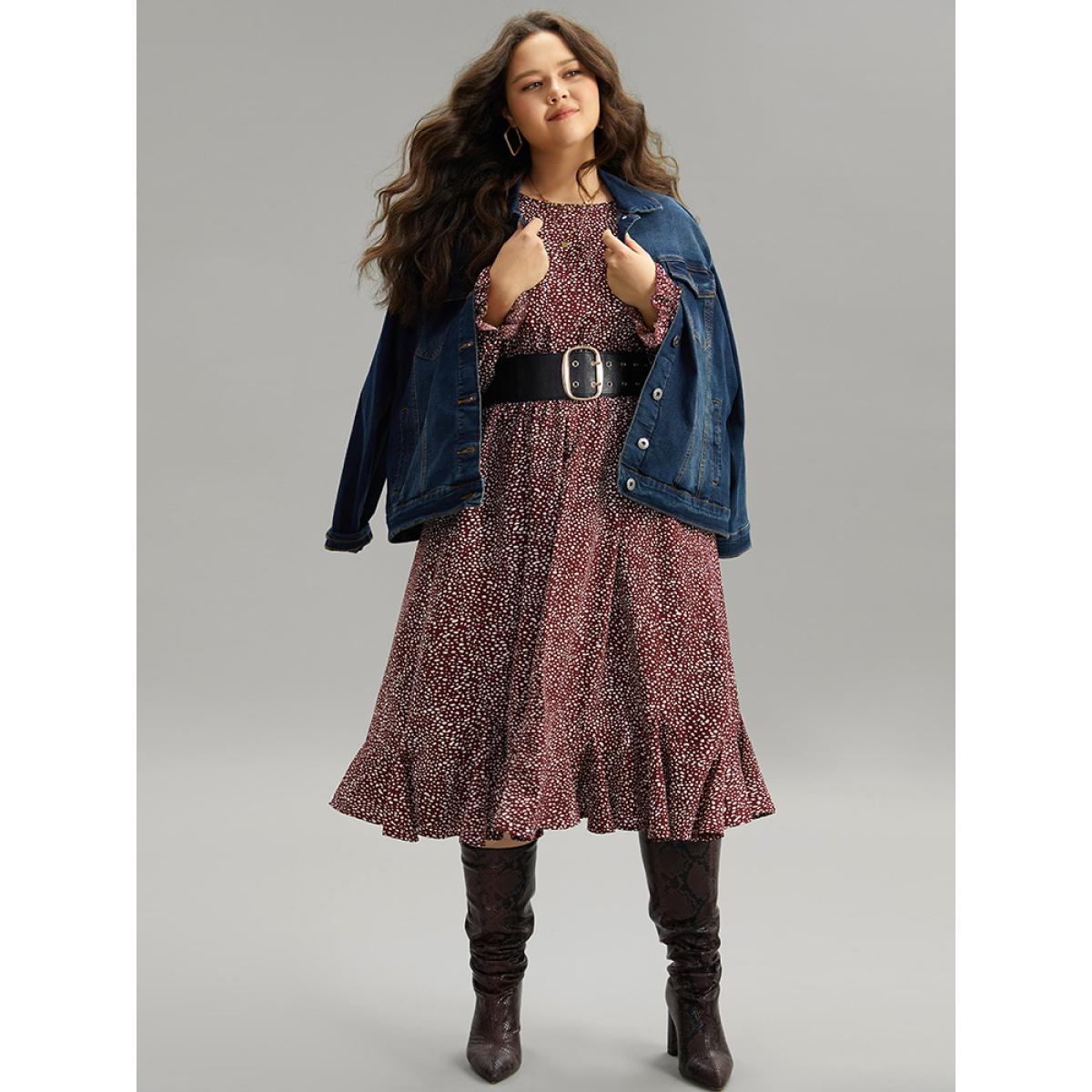 Plus Size Polka Dot Shirred Ruffles Pocket Dress Burgundy Women Casual Printed Round Neck Long Sleeve Curvy Midi Dress BloomChic 22-24/3X Product Image