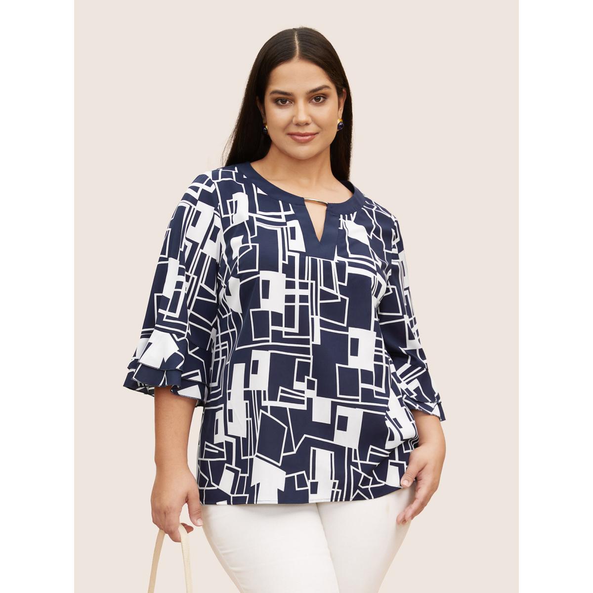 Plus Size Indigo Geometric Keyhole Ruffles Metal Detail Blouse Women At the Office Elbow-length sleeve Round Neck Work Blouses BloomChic 10/M Product Image