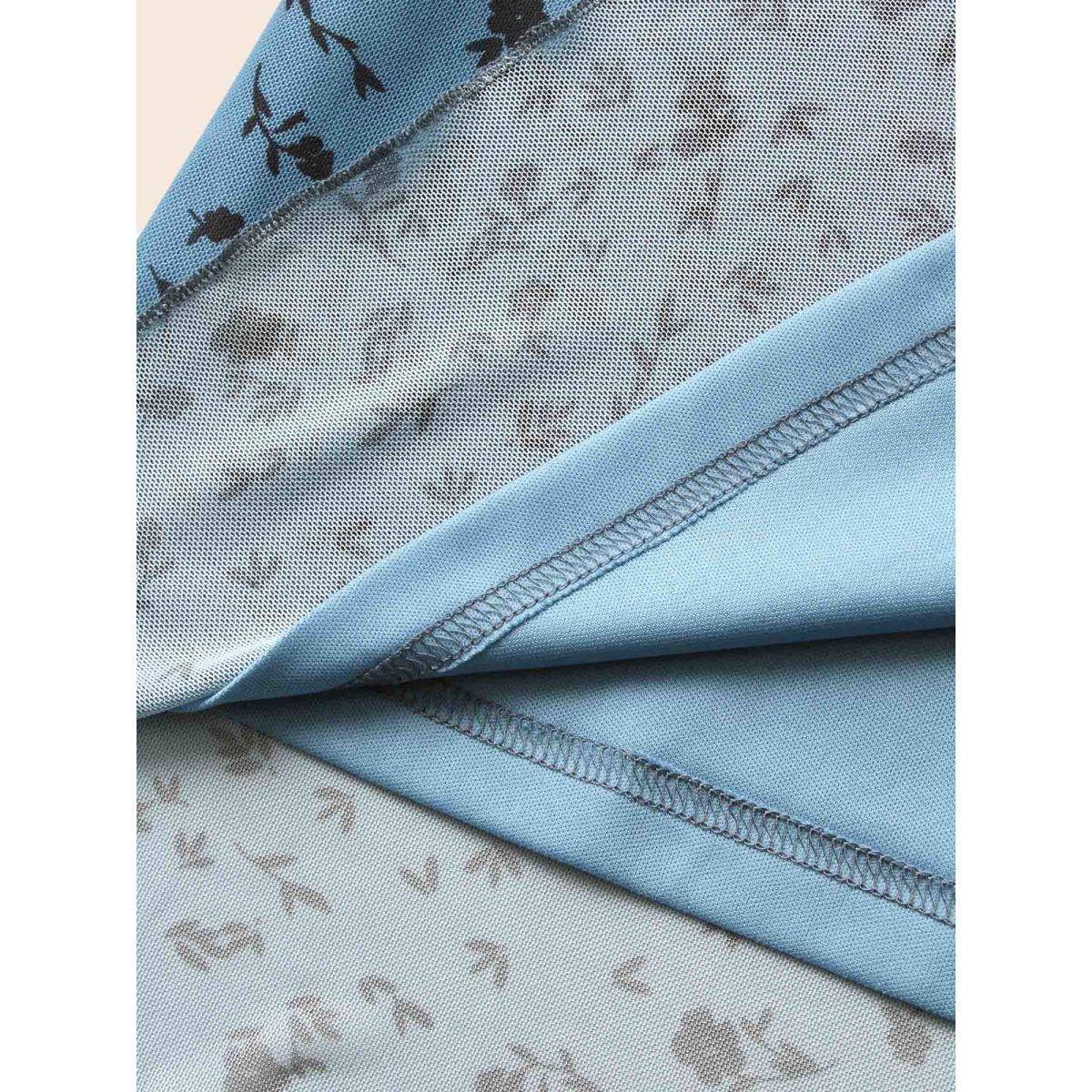 Plus Size Ditsy Floral Bowknot Patchwork Mesh Dress Cerulean Women Elegant Woven ribbon&lace trim V-neck Long Sleeve Curvy BloomChic 22-24/3X Product Image