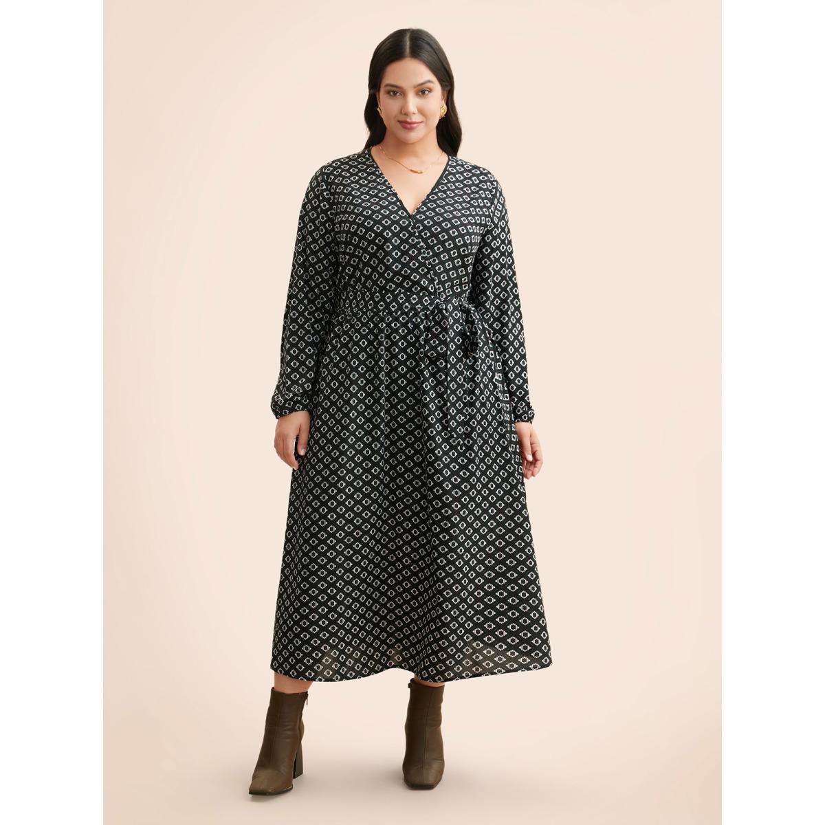 Plus Size Geometric Overlap Collar Belted Dress Black Women At the Office Belted Overlap Collar Long Sleeve Curvy BloomChic 10/M Product Image