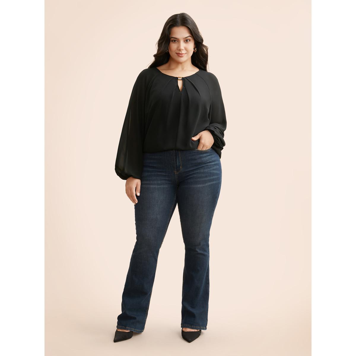 Plus Size Black Keyhole Metal Detail Gathered Blouse Women Elegant Long Sleeve Asymmetrical Neck Everyday Blouses BloomChic 18-20/2X Product Image