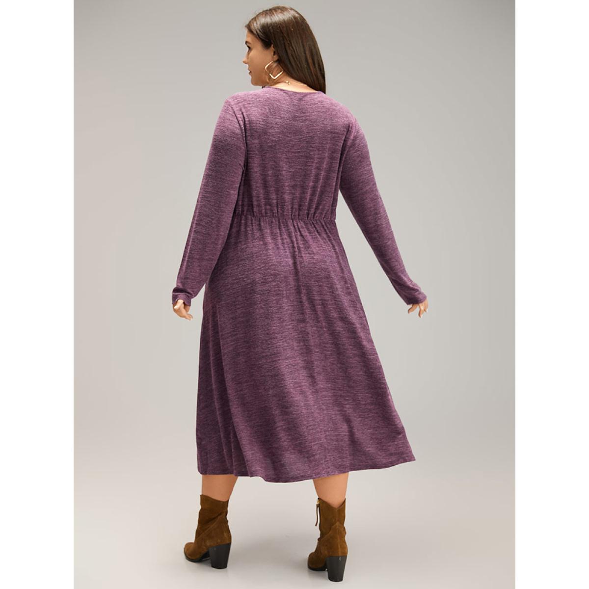 Plus Size Solid Ruched Drawstring Bowknot Pocket Dress Purple Women Casual Gathered Tie Neck Long Sleeve Curvy Midi Dress BloomChic 26/4X Product Image