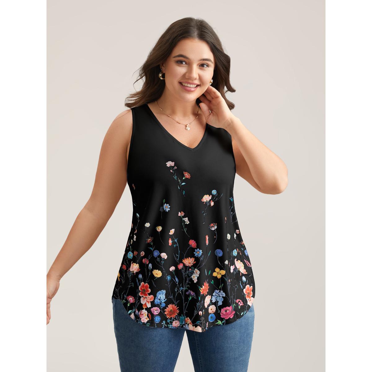 Plus Size Blooming Flowers Print Stretchy Vest Women Black Elegant Non V-neck Everyday Tank Tops Camis BloomChic 28/5X Product Image