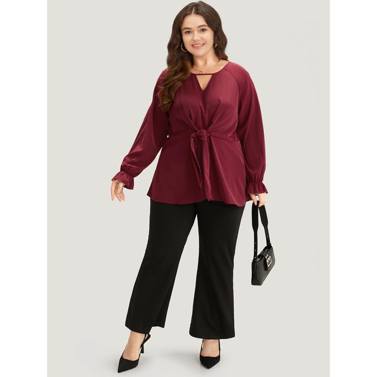 Plus Size Scarlet Anti-Wrinkle Twist Front Keyhole Ties Blouse Women Office Long Sleeve Keyhole Cut-Out Work Blouses BloomChic 18-20/2X Product Image