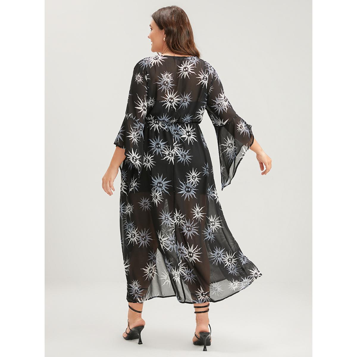 Plus Size Halloween Sun Print Bell Sleeve Mesh Split Dress Black Women Party Gathered V-neck Long Sleeve Curvy Midi Dress BloomChic 14-16/1X Product Image