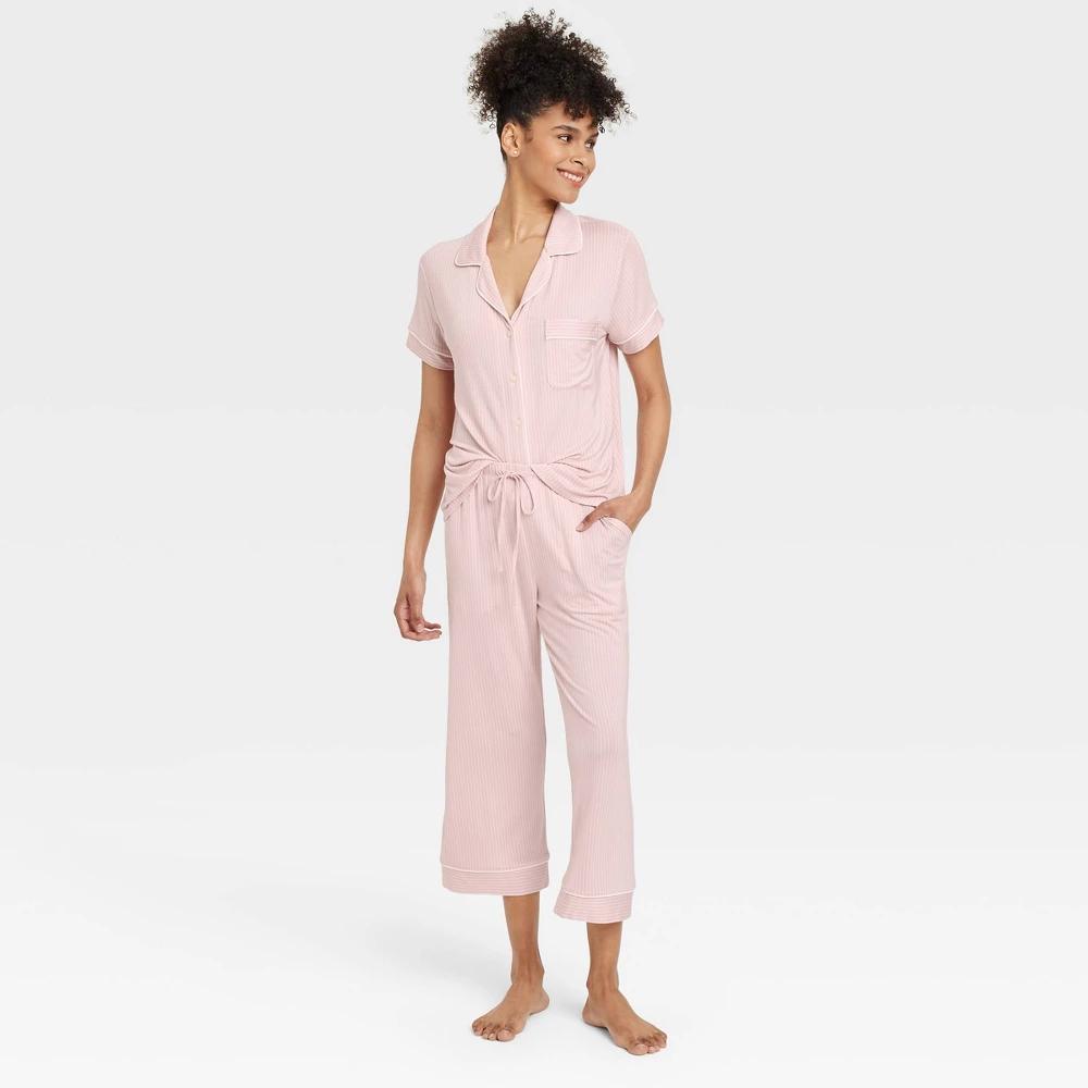 Women's Cloud Knit Modal Short Sleeve Notch Collar Top and Capri Pants Pajama Set - Auden™ Pink/Striped L: Modal-Spandex Blend Product Image