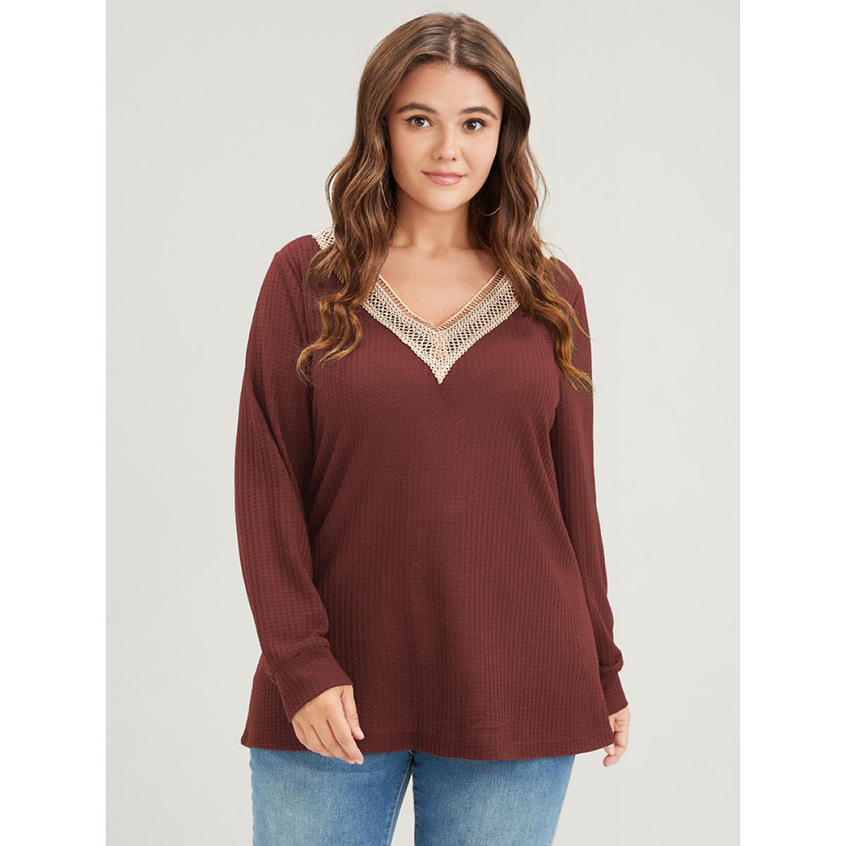Plus Size Solid Drop Shoulder Contrast Lace Waffle Knit Sweatshirt Women Russet Casual Patchwork V-neck Dailywear Sweatshirts BloomChic 14-16/1X Product Image