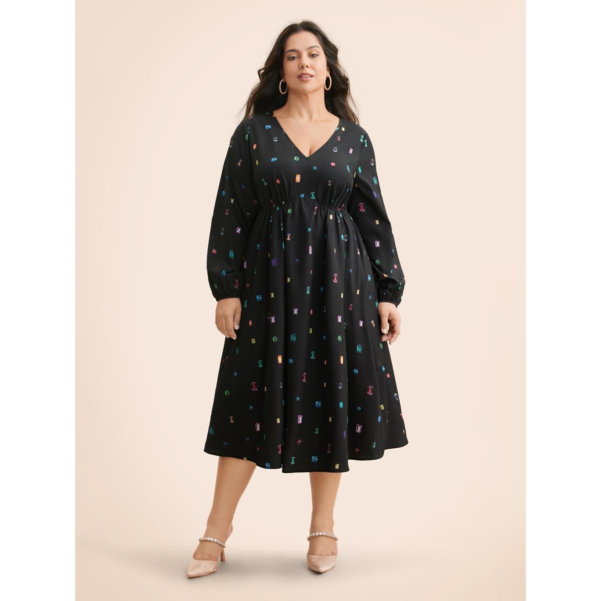 Plus Size Color Diamond Print V Neck Dress Black Women Cocktail Non Party Curvy Bloomchic 10/M Product Image