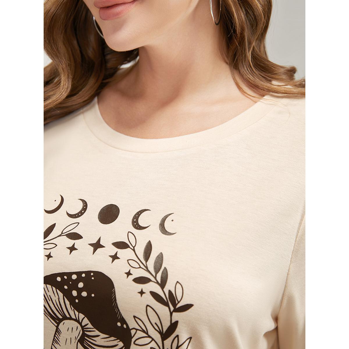 Plus Size Mushroom & Moon Print Short Sleeve Crew Neck T-shirt Apricot Women Casual Natural Flowers Dailywear T-shirts BloomChic 14-16/1X Product Image