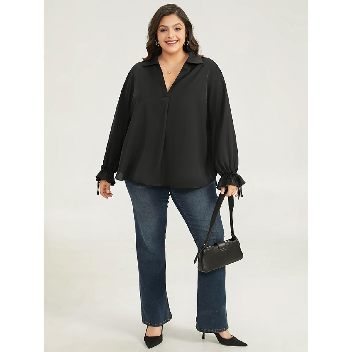 Plus Size Black Knot Pleated Lantern Sleeve Blouse Women Office Long Sleeve Shirt collar Work Blouses BloomChic 28/5X Product Image