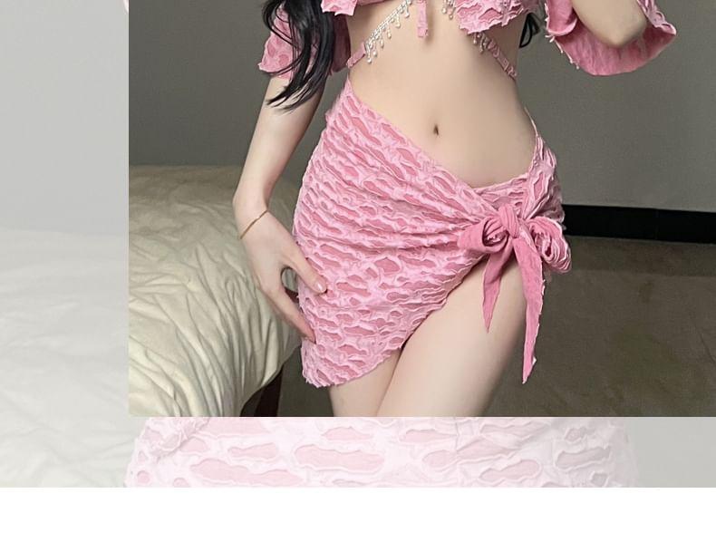 Set: Patterned Bikini Top + Bikini Bottom + Cover Up + Wrap Mini Skirt Product Image