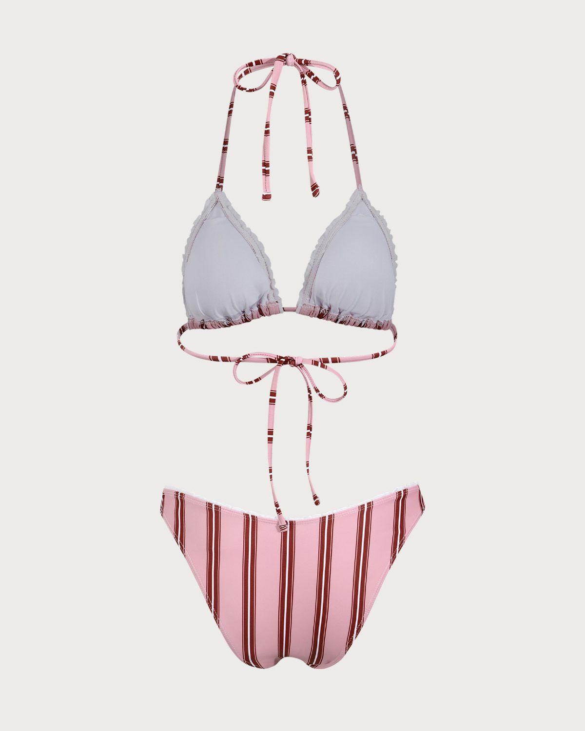 Pink Striped Ruffle Halter Bikini Set Product Image