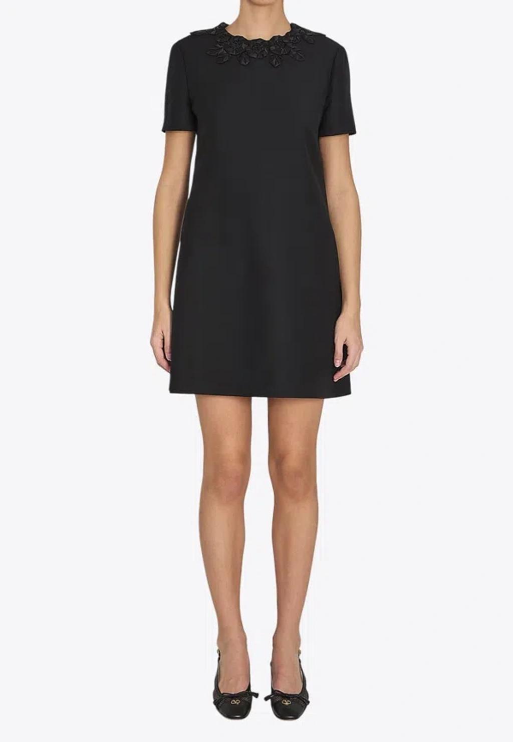 VALENTINO Embellished Silk-trimmed Wool And Silk-blend Crepe Mini Dress In Black Product Image