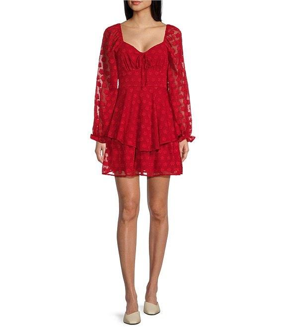 Midnight Doll Chiffon Jacquard Long Sleeve Tiered Dress Product Image