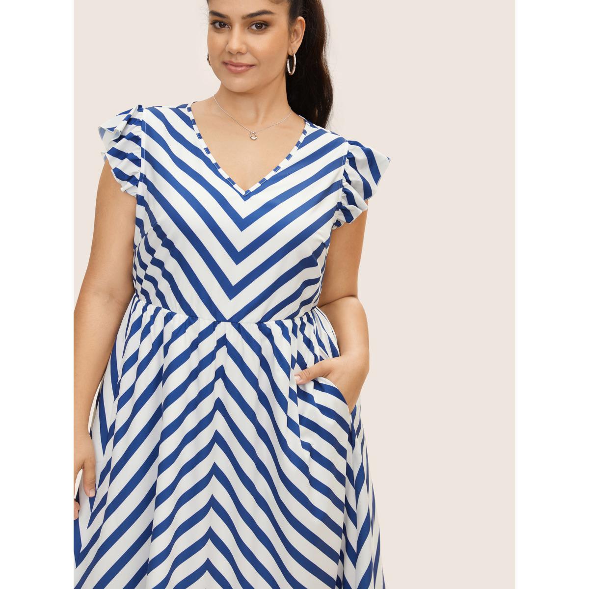 Plus Size Striped Elastic Waist Ruffle Cap Sleeve Dress DarkBlue Women Casual Ruffles V-neck Cap Sleeve Curvy BloomChic 14-16/1X Product Image