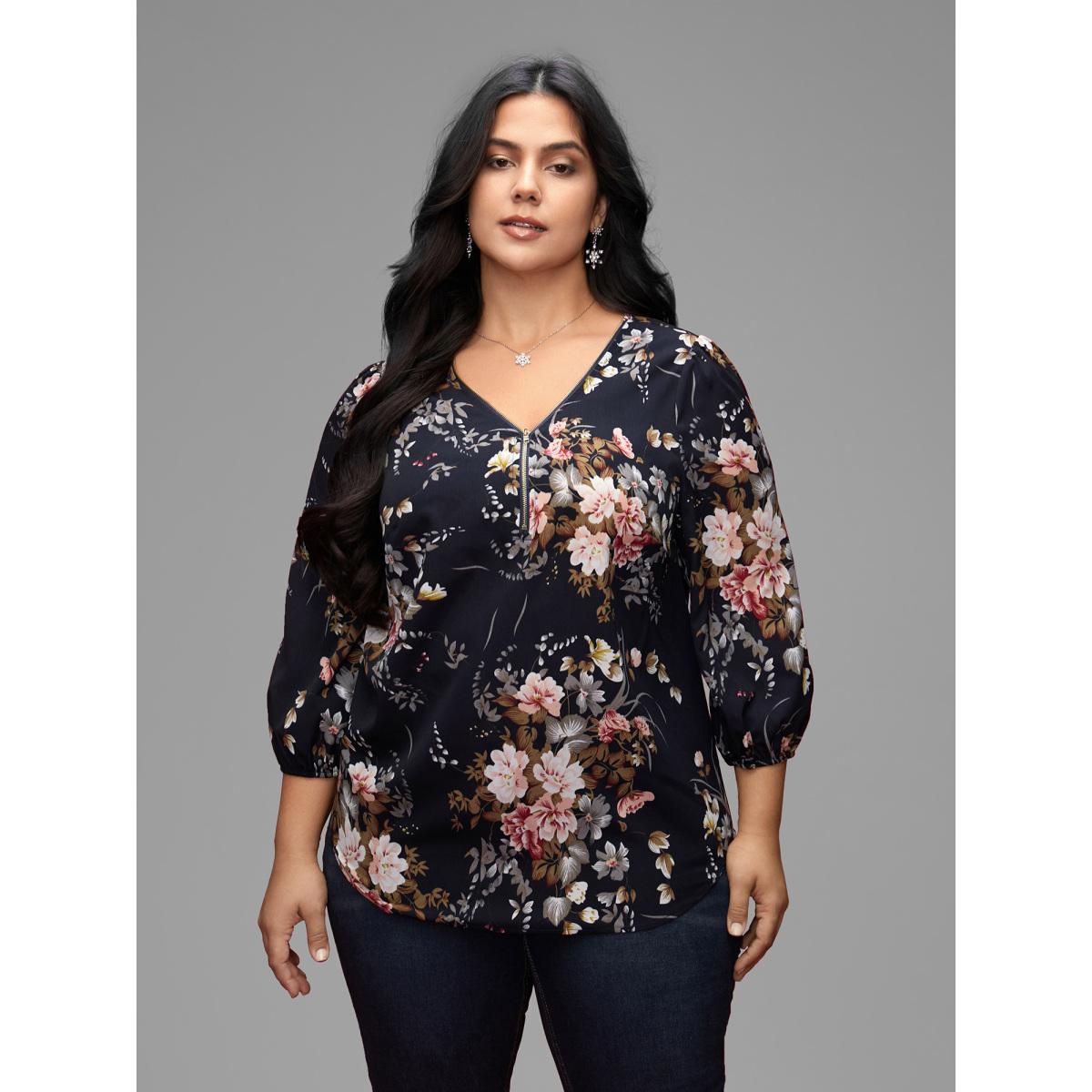 Plus Size Indigo Half Zipper Front Floral Blouse Women Elegant Elbow-length sleeve V-neck Everyday Blouses BloomChic 28/5X Product Image
