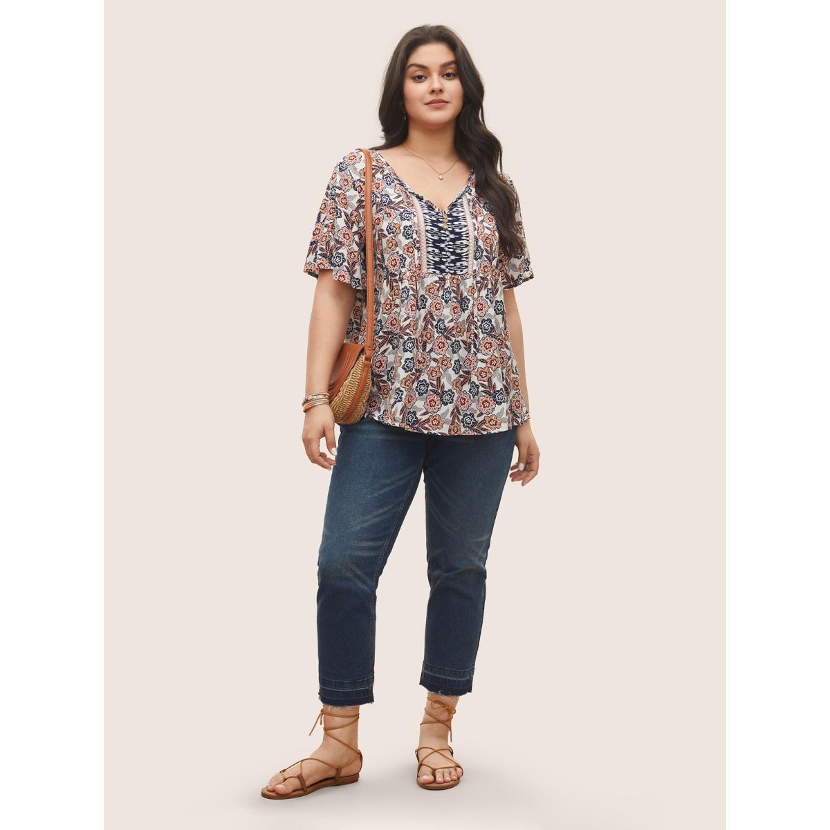 Plus Size Indigo Boho Print Button Detail Ties Blouse Women Resort Short sleeve V-neck Vacation Blouses BloomChic 18-20/2X Product Image