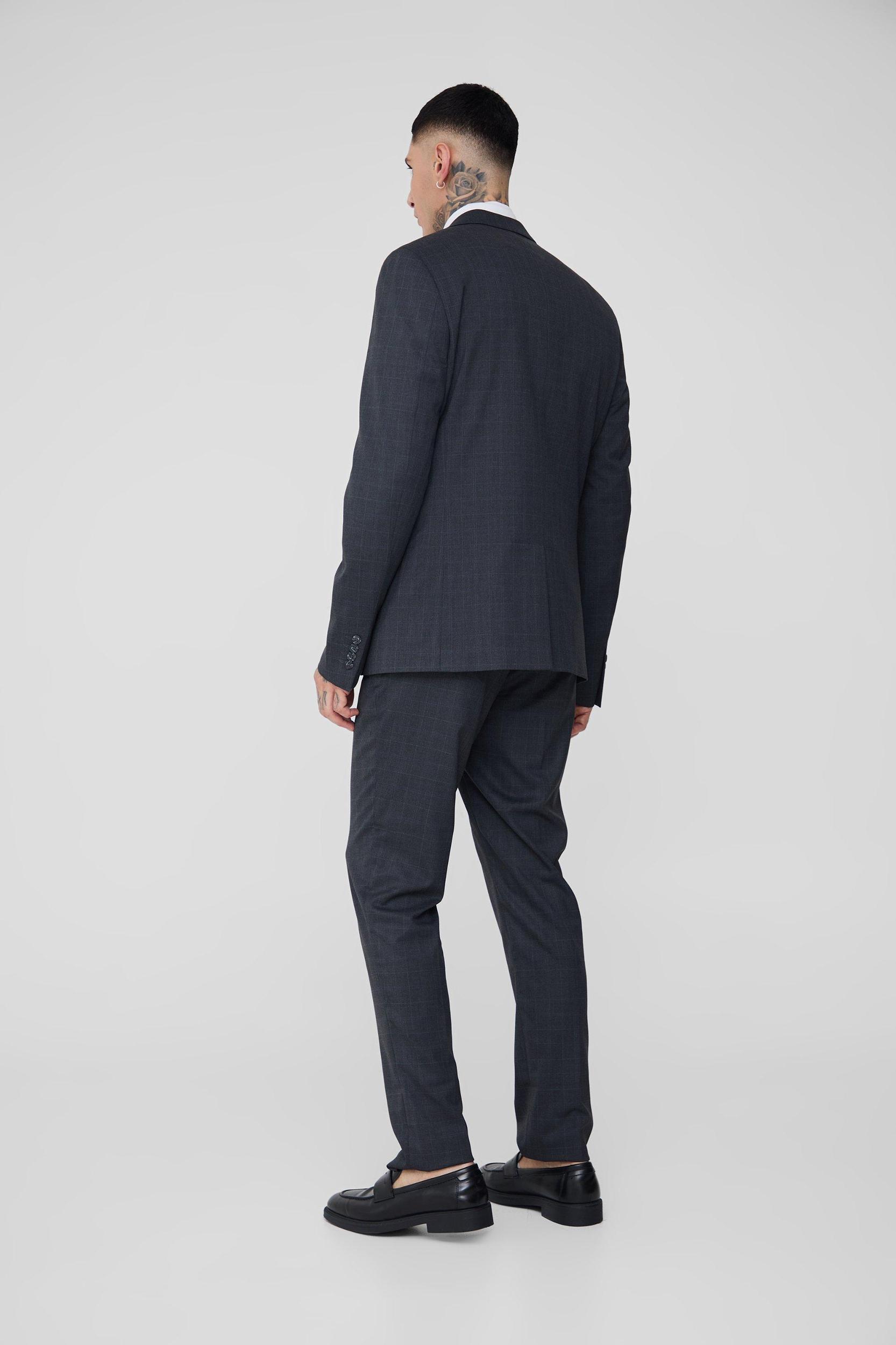 Tall Charcoal Plaid Single Breasted Slim Fit Suit Jacket | boohooMAN USA Product Image