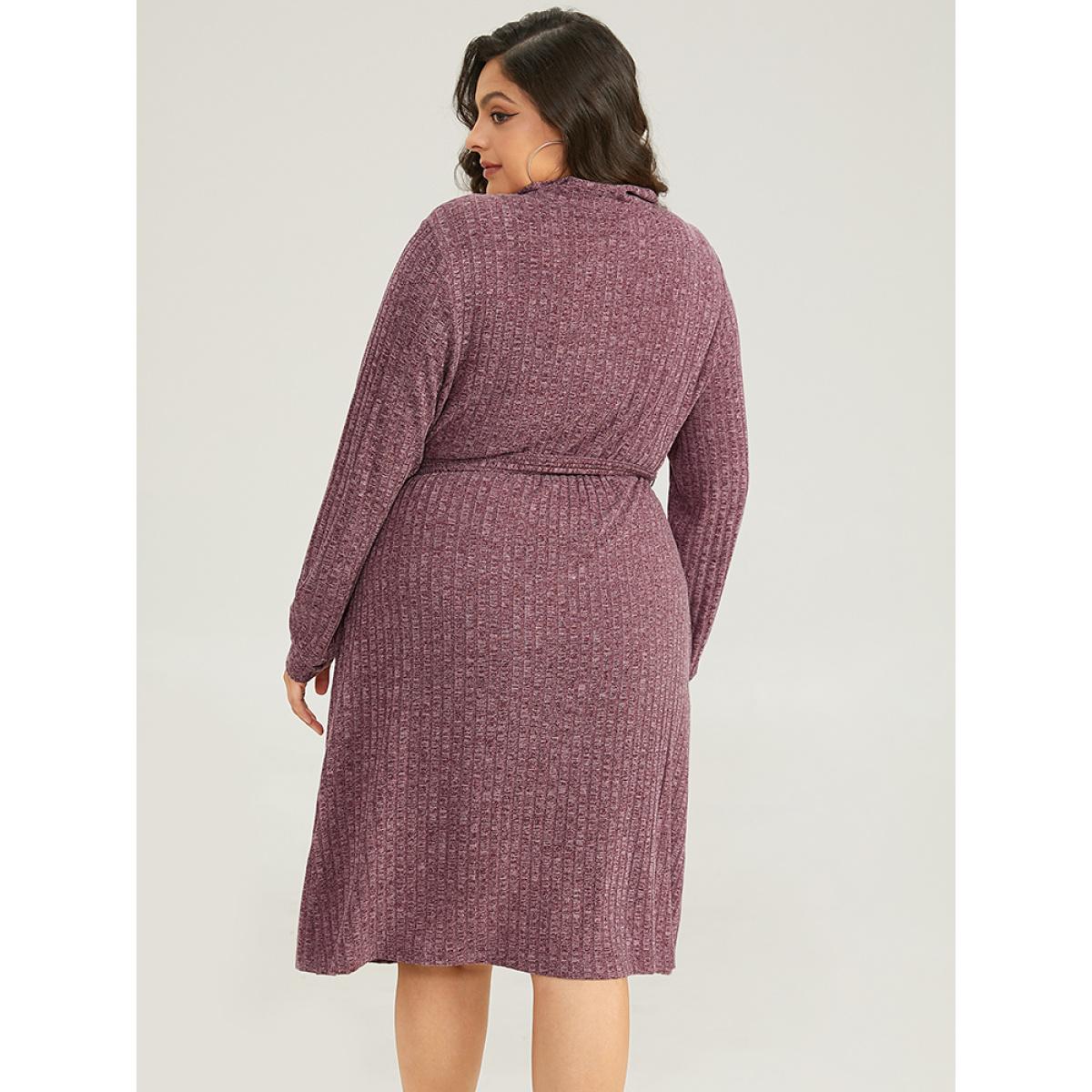Plus Size Solid Belted Rib Knit Half Zipper Dress Scarlet Women Casual Texture Lapel Collar Long Sleeve Curvy Midi Dress BloomChic 22-24/3X Product Image
