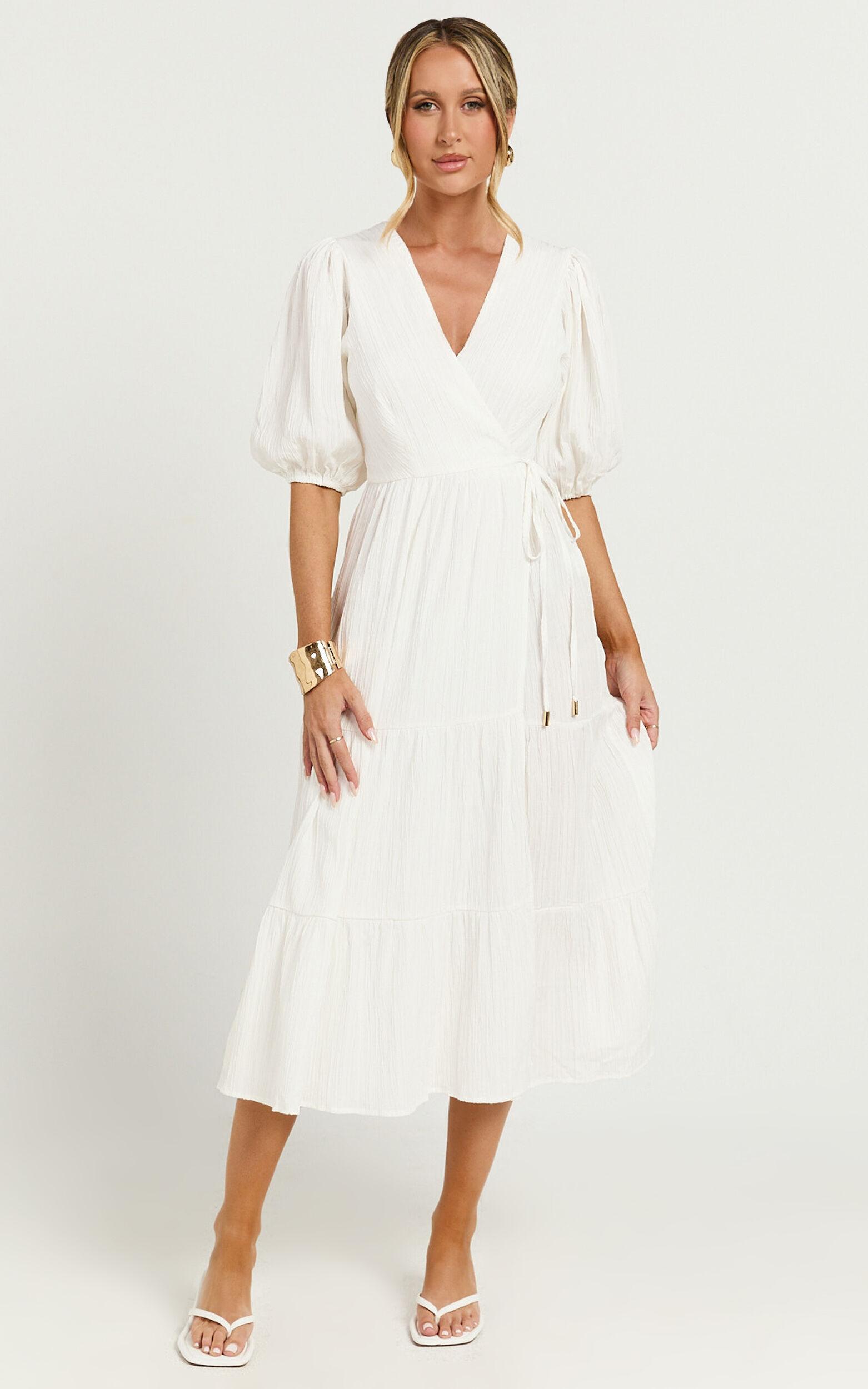 Junmae Midi Dress - Tiered Waffle Wrap Dress in Ivory Product Image