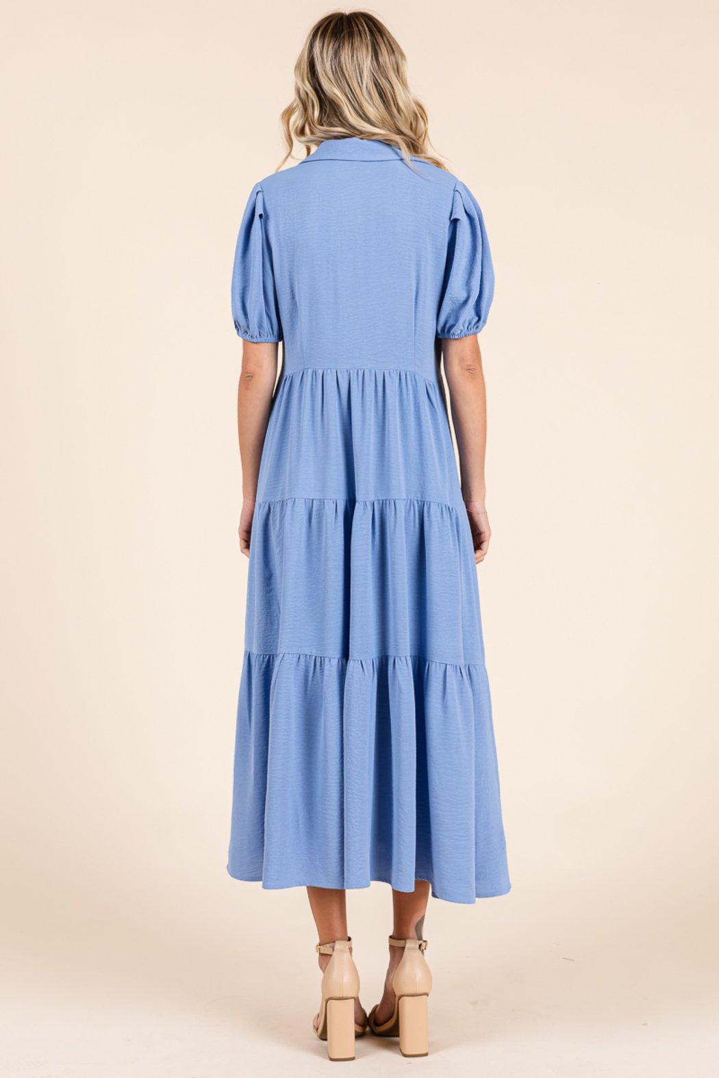 Tiered Button Down Puff Sleeve Midi Dress Product Image