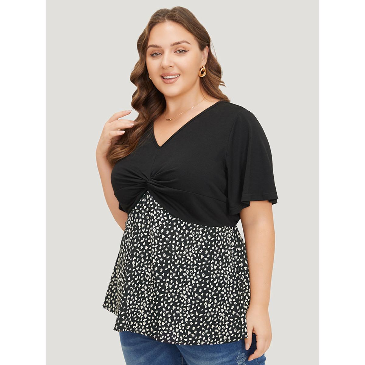 Plus Size Black Leopard Patchwork Twist Ruffle Sleeve Blouse Women Elegant Short sleeve V-neck Dailywear Blouses BloomChic 26/4X Product Image