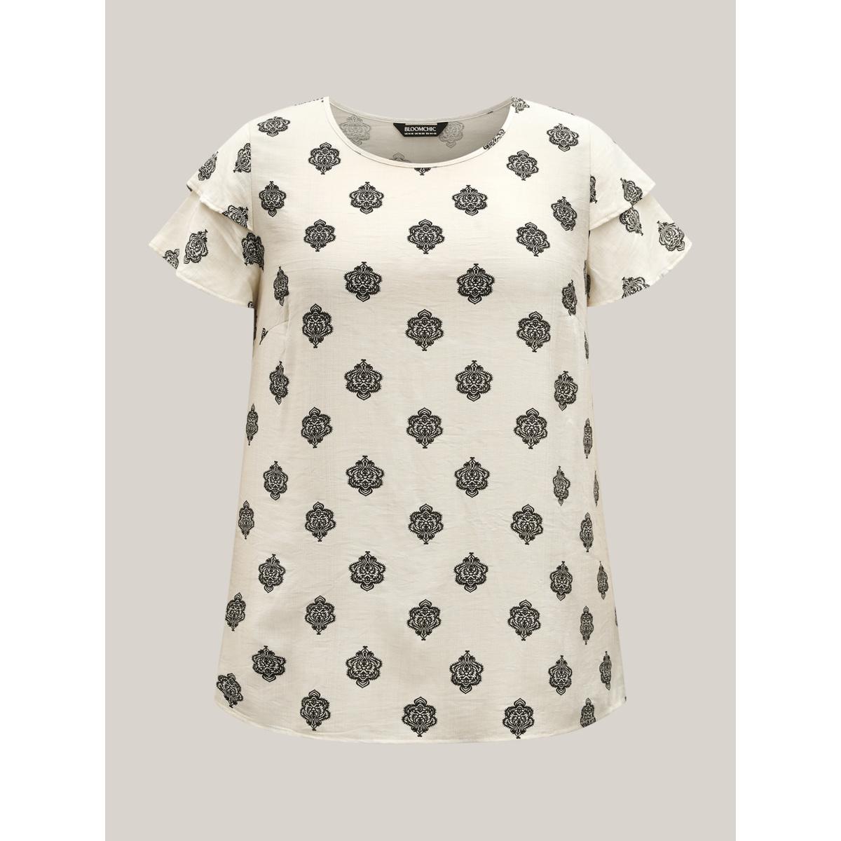 Plus Size Ivory Boho Print Layered Sleeve Shirt Women Short sleeve Round Neck Vacation Blouses BloomChic 10/M Product Image